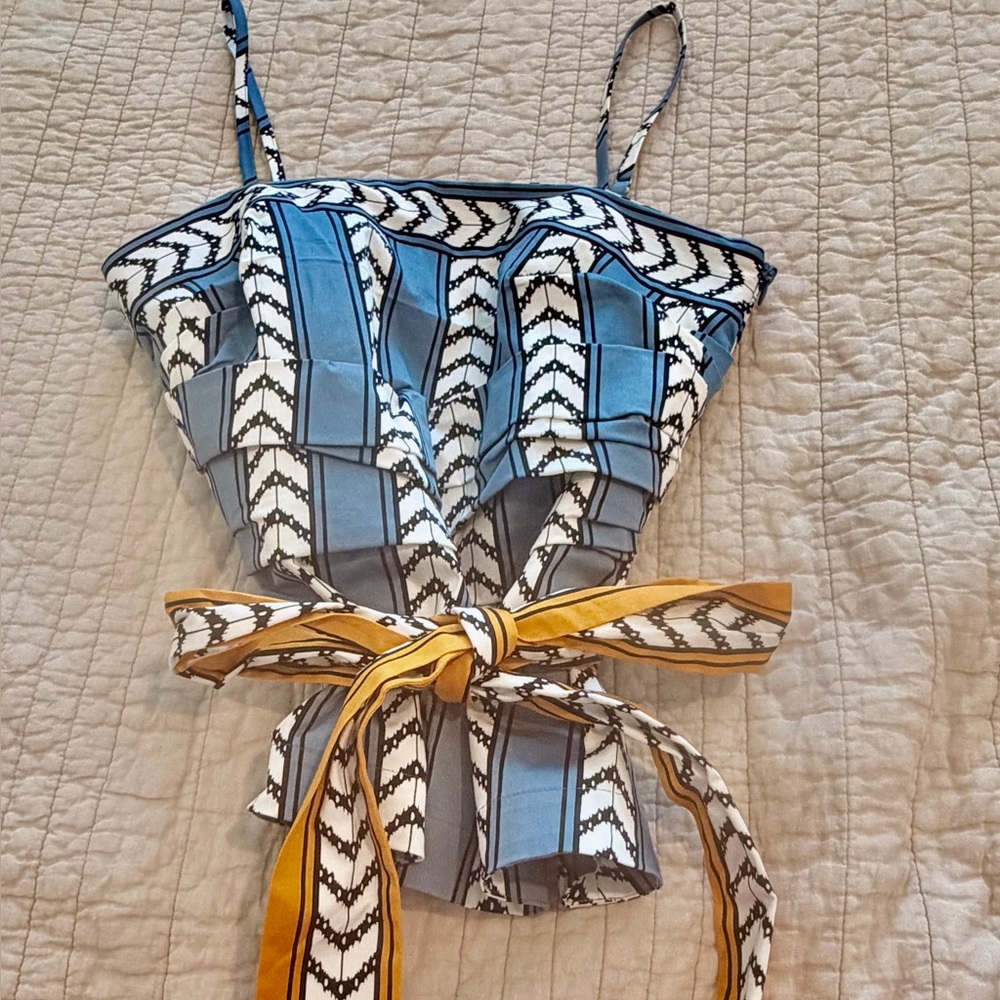 White House Black Market Light Blue and Black Patterned Top
